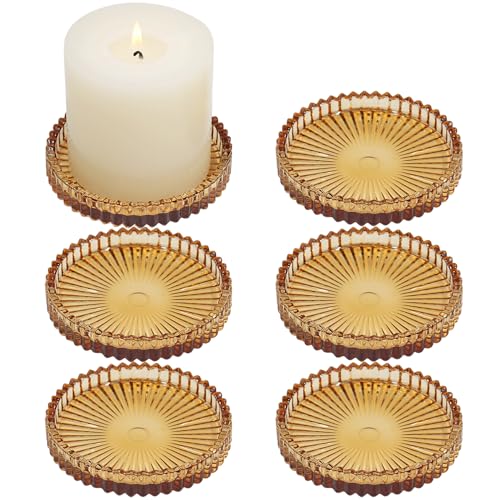 Glass Pillar Candle Holder, 4" Amber Candle Plates Set of 6, Glass Candle Holders for Wedding, Party, Holiday, Home Decor, Table Centerpiece - color: Amber, size: 6 pcs