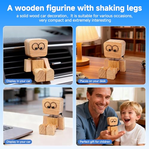 Shaking Wooden Man Figurine - 12PCS Magnetic Changeable Faces, Handmade Spring Legs Wobbly Doll for Car Dashboard & Office Desk Decor, Funny Kinetic Desktop Ornament Creative Gift