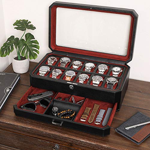ROTHWELL 12 Slot Leather Watch Box with Valet Drawer - 12 Slot Luxury Watch Case Display Organizer, Microsuede Liner, Mens Accessories Holder, Jewelry Case, Jewelry Display Organizer (Black/Red) - color: Black/Red