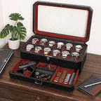 ROTHWELL 12 Slot Leather Watch Box with Valet Drawer - 12 Slot Luxury Watch Case Display Organizer, Microsuede Liner, Mens Accessories Holder, Jewelry Case, Jewelry Display Organizer (Black/Red) - color: Black/Red