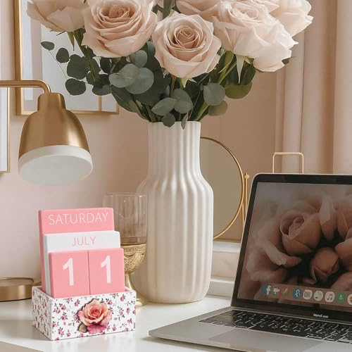 AceOrbit Pink Rose Wood Block Perpetual Calendar Coquettish Desk Decor Cute Month Week Date Display Decorative Block Calendar for Women Office Home Desk Gift for Women - style: Pink Roses
