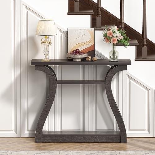 47" Wood Console Table for Entryway, Narrow Sofa Table with 3-Tier Shelves, Curved Legs Farmhouse Hallway Table, Skinny Console Table Behind Couch, Rustic Wooden Entry Table for Living Room (Brown) - color: Reddish Brown