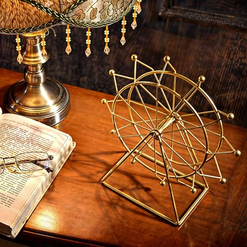 Ferris Wheel Bookshelf Decor Gold Modern Gift - Shelf Decor Accents Ornament - House Decorations Living Room - Fireplace or Desk Decor - Entryway Decor. (Art Deco)