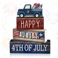 CroBlissful 4 Pcs 4th of July Decorations Patriotic Memorial Day Tabletop Decorations Red White Blue Table Centerpieces Sign for Office Tiered Tray Home Shelf 250th Anniversary(Happy Usa) - style: Happy Usa