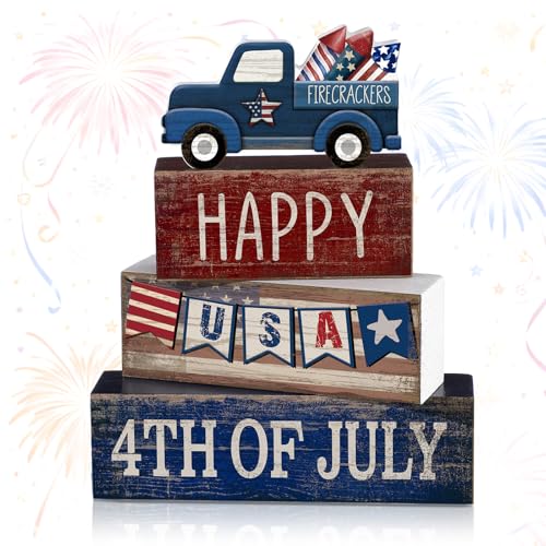 CroBlissful 4 Pcs 4th of July Decorations Patriotic Memorial Day Tabletop Decorations Red White Blue Table Centerpieces Sign for Office Tiered Tray Home Shelf 250th Anniversary(Happy Usa) - style: Happy Usa