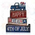 CroBlissful 4 Pcs 4th of July Decorations Patriotic Memorial Day Tabletop Decorations Red White Blue Table Centerpieces Sign for Office Tiered Tray Home Shelf 250th Anniversary(Happy Usa) - style: Happy Usa
