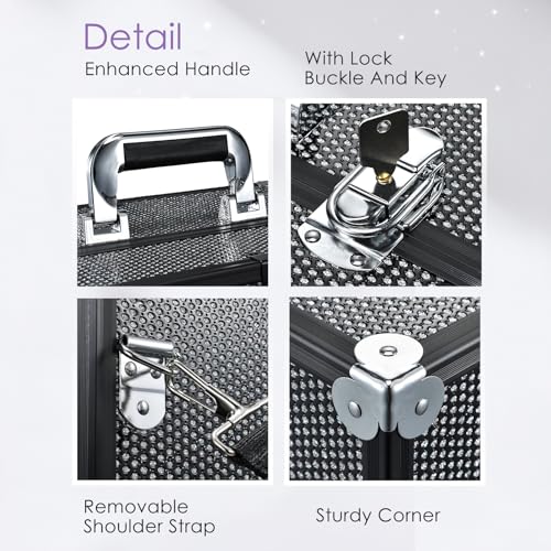 Joligrace Makeup Train Case Large 6 Tray Professional Organizer Box - Cosmetic Make Up Carrier with Lock & Key Carrying Strap for Studio Artist & Stylist Black Rhinestone - color: Black Grid