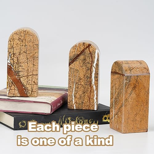 Koville Indian Natural Marble Bookends for Shelves, Decorative Book Ends, 7lbs Heavy-Duty Marble Book Holders, Bookshelf Apartment Decor for Normal Books/CD/Video Games(Rainforest Gold) - color: Brown Red Marble-rainforest Gold, size: 7lb