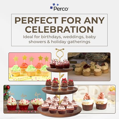 Perco 3 Tier Wooden Cupcake Stand, Walnut Wood Tiered Display Stand for 20 Cupcakes – Rustic Dessert Table Display Set, Tiered Serving Tray for Weddings, Birthdays, Baby Showers & Events - color: Walnut Wood