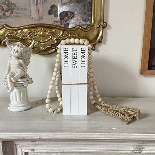 Decorative Books for Home Decor, White Faux Books for Decoration, Rustic Farmhouse Stacked Display Books with 52in Wood Bead Garland for Coffee Tables Living Room, (Home Sweet Home) - style: Home Sweet Home