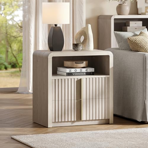 ModernMate Night Stand Set of 2, 23.6" Fluted Nightstand with 2 Drawers, Curve Profile Bedside Table with Solid Metal Handle, Thicken End Side Table for Bedroom, White Alder