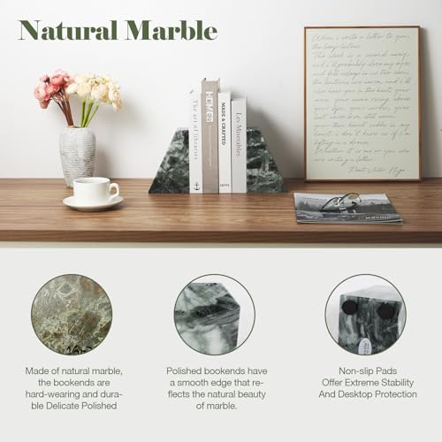 Karibiber Marble Bookends for Heavy Books, Decorative Bookends for Shelves, Green Stone Book Ends, Heavy-Duty Book Ends for Hardback Book & Cookbooks, Unique Book Stopper & Holder, Set of 2 - color: Green