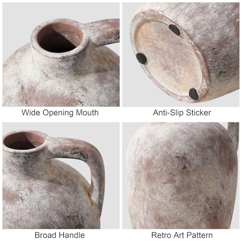 Ceramic Flower Vase with Handles,10" Neutral Tall Clay Terracotta Vases Farmhouse Table Vases with Handle Living Room Decor Rustic Pottery Pots for Home Shelf Coffee Dining Desk Fireplace - color: C-10"h-terracotta