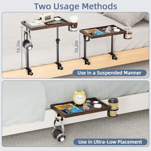 Clip On Bedside Shelf, Adjustable Bed Table with Cup Holder & Headphone Hook, Bed Tray for College Dorm, Bunk Beds, Space Saving Nightstand with Cable Management, Side Table Organizer for Bedroom