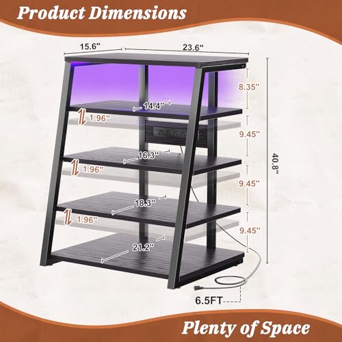 Armocity 5-Tier AV Media Stand with Power Strips, Media Console with LED Lights, Audio Tower Rack with Adjustable Shelves, Stereo Stands and Racks, 40.8'', Black Ebony - color: Black Ebony, size: 40" (H)