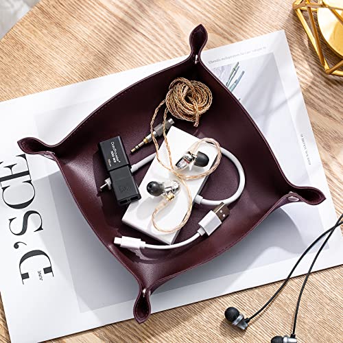SANQIANWAN Leather Jewelry Valet Tray for Women and Man, Portable Entryway Table Tray Bedside Nightstand Desk Tray Small Catchall Travel Dish Plate for Key,Wallet,Watch,Coin(8x8, Deep Brown-B) - color: Deep Brown-b, size: 8×8