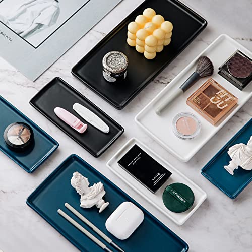 10" Ceramic Bathroom Tray, Minimalist Vanity Organizer for Countertop, Modern Rectangular Soap & Perfume Tray, Water-Resistant Porcelain Jewelry Dish, Set of 2, White