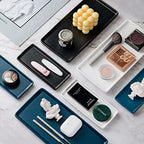 10" Ceramic Bathroom Tray, Minimalist Vanity Organizer for Countertop, Modern Rectangular Soap & Perfume Tray, Water-Resistant Porcelain Jewelry Dish, Set of 2, White