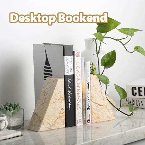 Koville Marble Bookends for Shelves, Large Bookends for Heavy Books, Natural Stone Book Stopper for Books CD Movies, Aesthetic Decorative Book Ends, Bookshelf Table Home Decor(Gold) - color: Trapezoid-gold