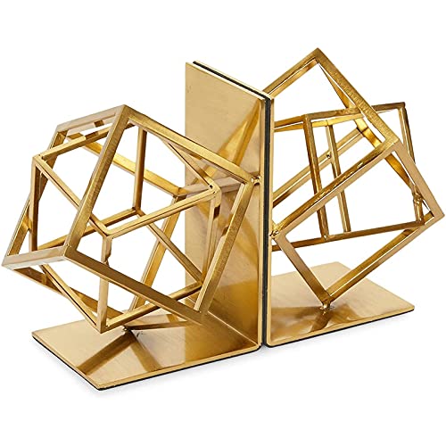 Juvale Gold Bookends - Heavy-Duty Metal Book Ends for Bookshelf Decor - Geometric Square Style for Decorative Books Display for Coffee Table & End Table Decor - 5 x 6 x 3 in, Pack of 2