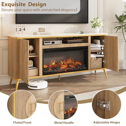 Fluted Fireplace TV Stand Up to 80" TVs, Modern Entertainment Center with 30" Electric Fireplace, Luxury Media Console with Adjustable Shelves for Living Room, Nature Oak - color: Nature Oak
