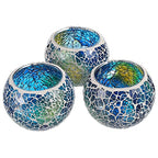 OwnMy Set of 3 Blue Mosaic Glass Tea Light Holders Round Bowl Votive Candle Holders Pillar Candle Stands, Glass Mosaic Tealight Holders Potted Plant Bowl Vase Candle Centerpiece for Table Wedding - color: Blue