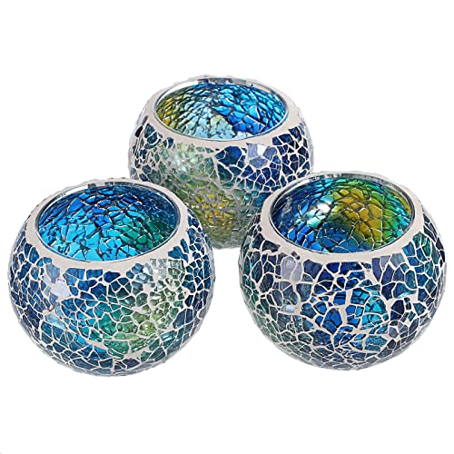 OwnMy Set of 3 Blue Mosaic Glass Tea Light Holders Round Bowl Votive Candle Holders Pillar Candle Stands, Glass Mosaic Tealight Holders Potted Plant Bowl Vase Candle Centerpiece for Table Wedding - color: Blue