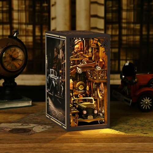 TOYQI Book Nook Kit, Book Nook Kits for Adults, DIY Miniature Dollhouse Kit 3D Wooden Puzzle Booknook Bookend with LED Light - style: CAR PLAYERS