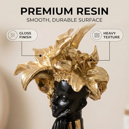 Lescafita African Woman Art Sculpture with Gold Floral Crown, Exquisite African Statue, Emotional Modern Home Art Gift for Various Settings Such as Home, Bookshelves, desks, or Offices(7.68 inch - color: 711-gold S