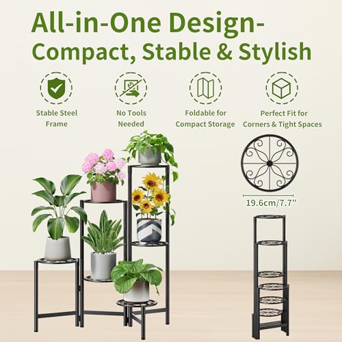 6 Tier Large Plant Stand Indoor with 7.9-Inch Wide Drainage Tray, Tiered Corner Metal Outdoor Flower Display Holder Shelf, Folding Tall Rack for House Patio Porch Balcony Graden - BlackS - color: BlackS, size: 6-Tiers