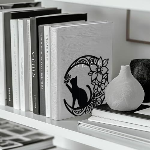 Peacoblue Metal Bookends for Shelves, Modern Decorative Heavy Duty Study Book Support Stoppers for Office, Desk, Shelf, Room 5.3"x4.3"x5.3" Cast Iron Tall Bookends, 1 Pair (Moon with Cat and Flower) - style: Moon with Cat and Flower