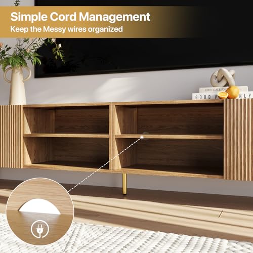 Modern 86in TV Stand for Living Room, Fluted Design Entertainment Center with Adjustable Shelves,Media TV Console Table with Storage for Bedroom,Nature - color: Natural