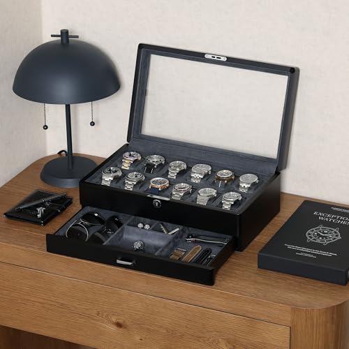ROTHWELL 12-Slot Matte Black Watch Box with Valet Drawer - Premium Jewelry Display Case Organizer with Locking Glass Top and Microsuede Liner for Men & Women (Carbon Interior) - color: Matte Black / Grey Carbon