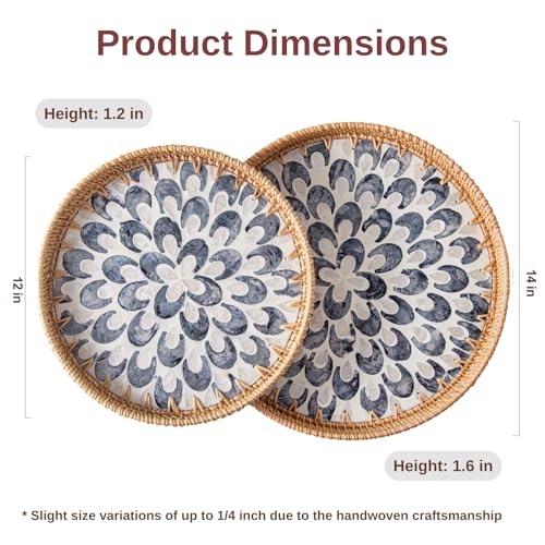 14 inch Round Rattan Tray Home Decor, Wicker Serving Tray with Mother of Pearl Inlay, Boho Decorative Tray for Coffee Table, Ottoman, Kitchen Table, Bathroom (Coastal Blue) - color: Coastal Blue, size: 14 inch