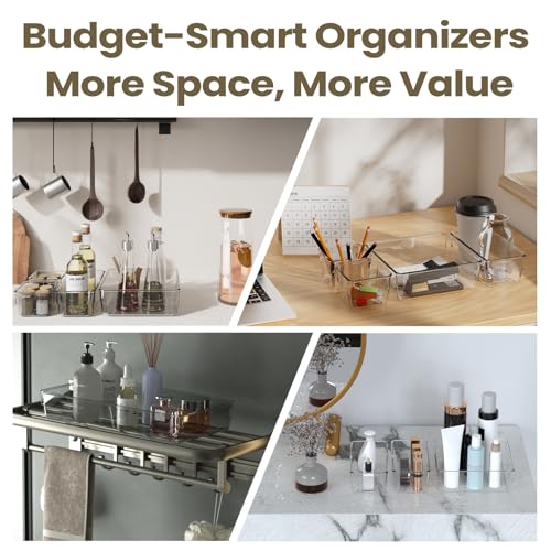 21 PCS Clear Plastic Drawer Organizer Set with 15 Inch Extra Long Bins, 5 Sizes Acrylic Makeup Organizer and Storage Trays, Non Slip Dividers for Vanity, Kitchen and Office - style: 21pcs with 15inches organizer