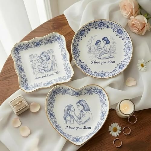 Personalized Heart Jewelry Dish Custom Mom Daughter Sketch Ring Tray Hand-Drawn Floral Ceramic Trinket Bowl Mother's Day Keepsake Unique Birthday Present for Nana Grandma Engraved Vanity Organizer - color: Design 02
