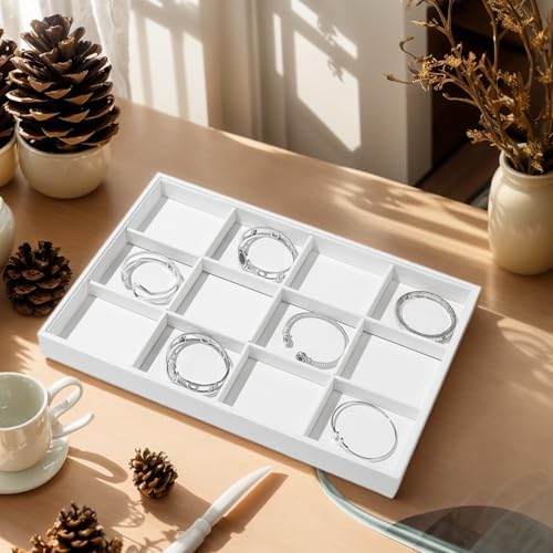 12-Grid PU Leather Jewelry Display Tray – Versatile Organizer Storage Case for Bracelets, Bangles, Watches, Earrings | Elegant Countertop Showcase (White) - color: White, size: 12 Grid