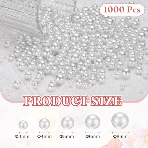 PATIKIL 1000 Pcs No Hole Pearls, 3mm 4mm 5mm 6mm 8mm Mini Round Faux Pearl for Art Crafts Jewelry Making Nail Vase Filler Birthday Wedding Party, White - color: White