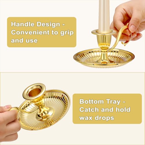 OwnMy 1 Vintage Candlestick Holder Decor, Antique Brass Taper Candle Holder with Carry Handle and Candle Drip Catcher Tray, Eleagnt Taper Candle Stand for Wedding Dining Table Centerpiece, Gold - color: Gold