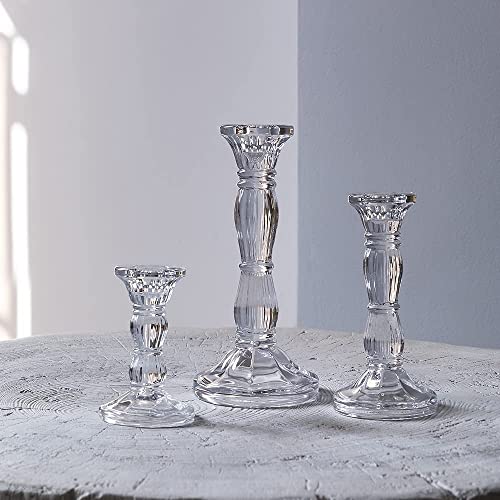 3 Pack Glass Candle Stick Holders - Clear Crystal Taper Candles Holder– for Buring Candles, Led Taper Candle,Party and Wedding Centerpieces, Table Decoration - color: Glass-clear, size: 3 Pack