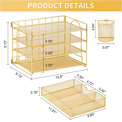 Lavatino Paper Letter Tray Organizer with File Holder, 4-Tier Desk Accessories & Workspace Desk Organizers with Drawer and 2 Pen Holder for Office Supplies (Gold) - color: 4 Tier - Gold