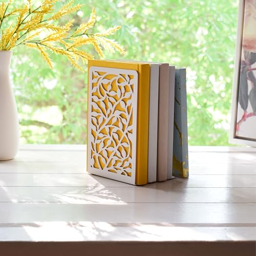 CNK Infinite Leaves Bookends - Metal Set of 2 for Heavy Books, Home Office & Decorative Book Stoppers - color: White