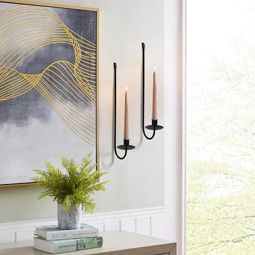 Metal Wall Candle Sconce Holder Set of 2 Wall Mount Candle Holders Modern Wall Candle Sconces Hanging for Living Room Farmhouse Fireplace Wedding 16.5"×5"×3" (Black) - color: Black