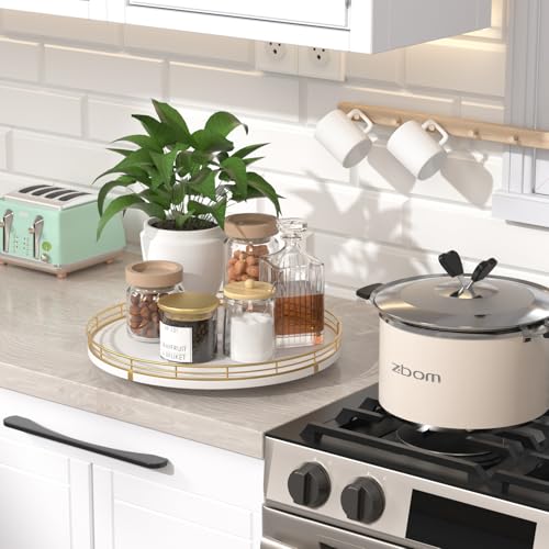 12" Wooden Lazy Susan Turntable for Cabinet – Round Rotating Spice Rack Organizer, White Kitchen Countertop Tray for Dining Table & Pantry Storage (White & Gold) - color: White & Gold, size: 12