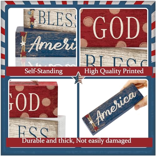 CroBlissful 4 Pcs 4th of July Decorations Patriotic Memorial Day Tabletop Decorations Red White Blue Table Centerpieces Sign for Office Tiered Tray Home Shelf 250th Anniversary(Star Independence Day) - style: Star Independence Day