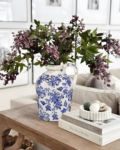 Ceramic Rustic Farmhouse Vase, 9 inch Ceramic Blue and White Vase for Centerpieces Pampas Grass Pottery Jug with Handle Boho Chinoiserie Decor Vintage Vases for Living Room Kitchen Dinner Table Shelf - color: Blue and White