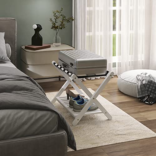 SMIBUY Luggage Rack, Foldable Bamboo Suitcase Stand with Storage Shelf for Guest Room, Bedroom, Hotel, Heavy-Duty, 1 Pack (White) - color: White