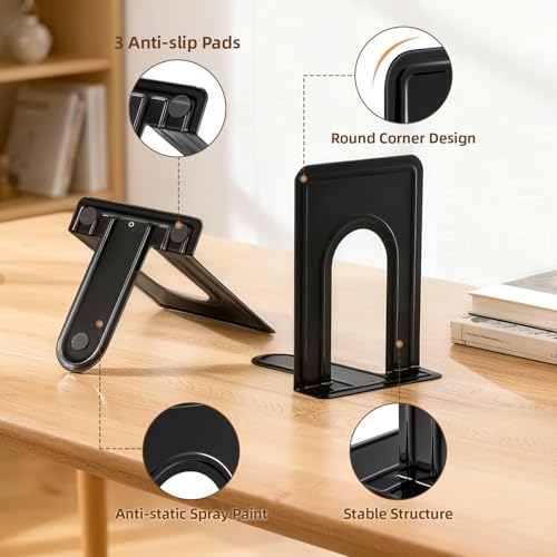 Happyhapi 14 Pair Book Ends for Shelves, 28 Pcs Metal Bookends Book Holder for Shelf, Heavy Book Stopper for Desk, Simple Library Office Home Bookend, 4.9 x 5.7 x 6.5 in, Black