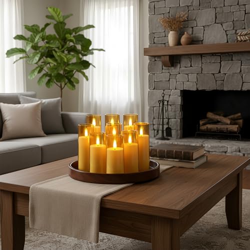 Homemory Amber Acrylic Flameless LED Candles, Battery Operated with Remote Control and Timer, Electric Fake Candles for Wedding, Home Decor, Set of 9 - color: Amber