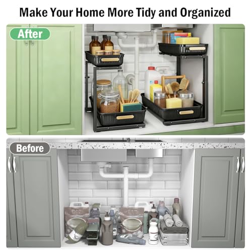 ARSTPEOE Under Sink Organizer - 2 Packs Multi-Purpose Pull-Out Storage Organizers, Slide out Pull out Metal Cabinet Organizer Shelf, Storage for Kitchen Bathroom, Black - color: Black, size: 2 Pack